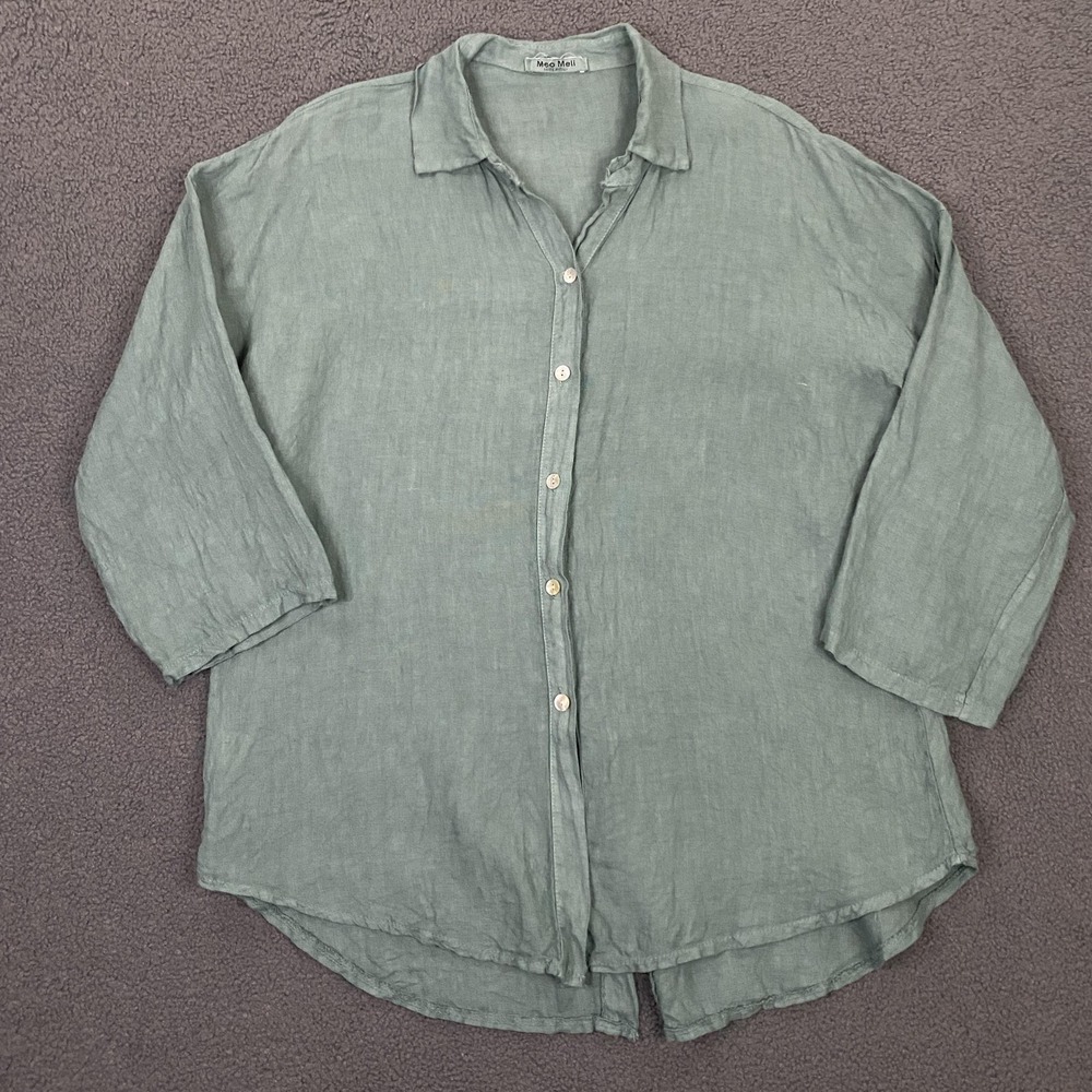 Meo‎ Meli 100% Linen Top One Size Sea Green Button Up Lagenlook Beach Made Italy